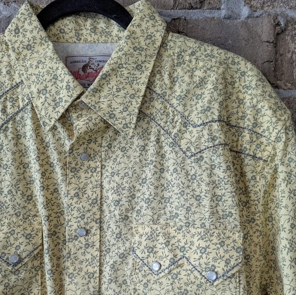 Wrangler American Cowboys Western Pearl Snap Shirt Size XL Pale Yellow Gray